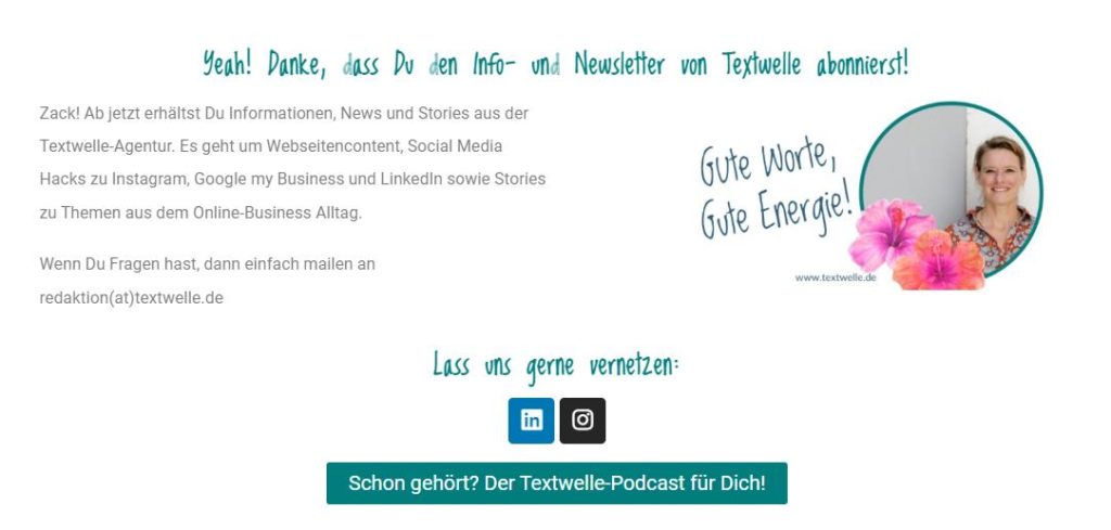 wordpresseite danke 1024x489 - Newsletter einrichten mit Sendinblue als Beispiel